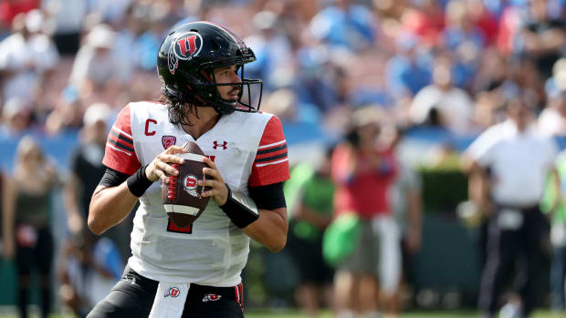 Utah Utes quarterback Cameron Rising (7) looks to pass during the second quarter against the UCLA Bruins at Rose Bowl.